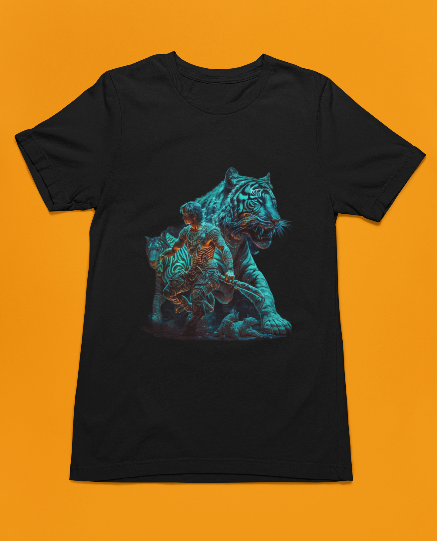 black colour bella canvas t-shirt which has a design of a mythical amazonian warrior with 2 huge tigers featuring at a colourful surface