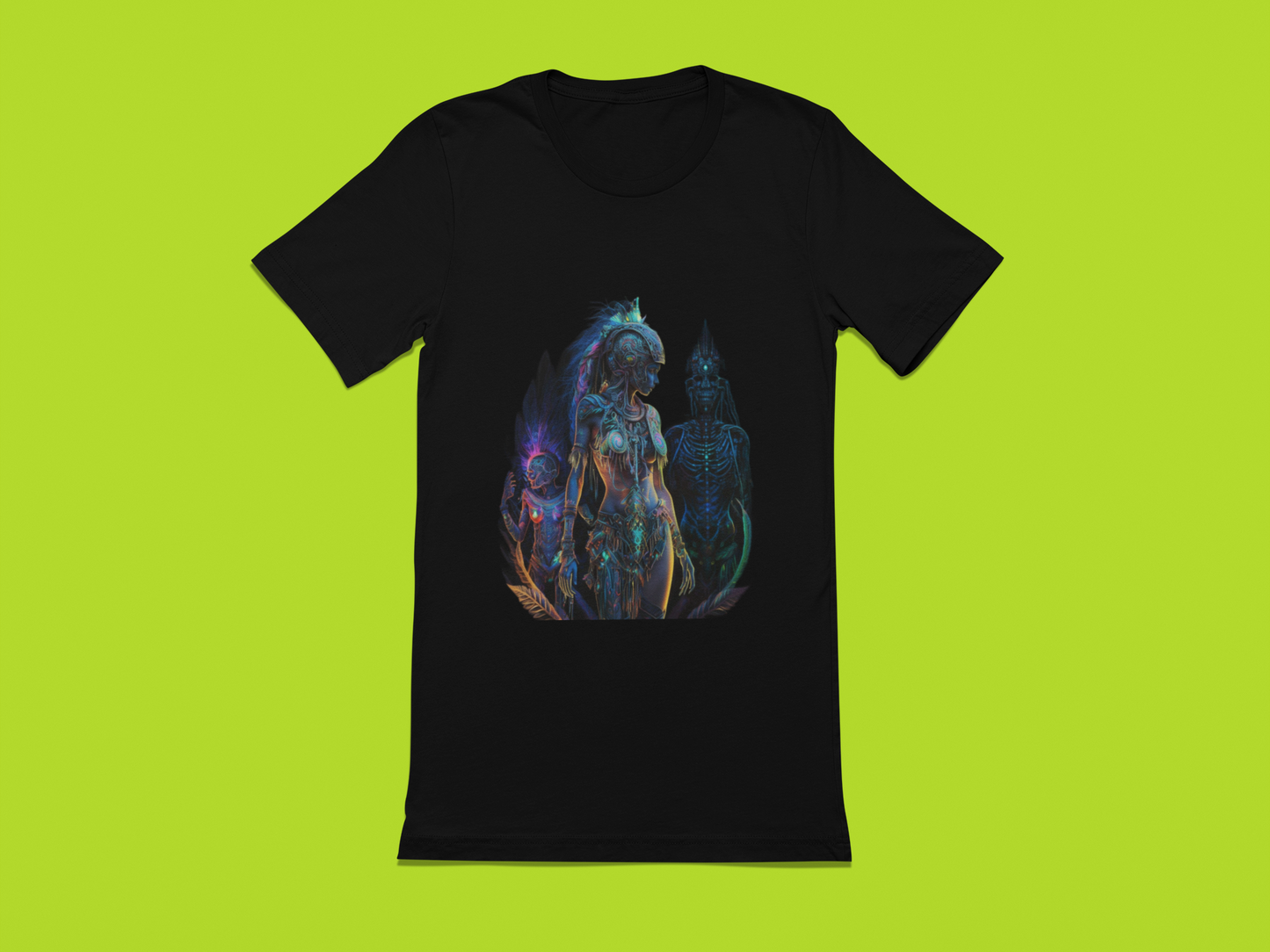 mockup of a basic bella canvas black colour tee which has a design of a surreal and intricate depiction of an amazon warrior princess on a solid colour surface