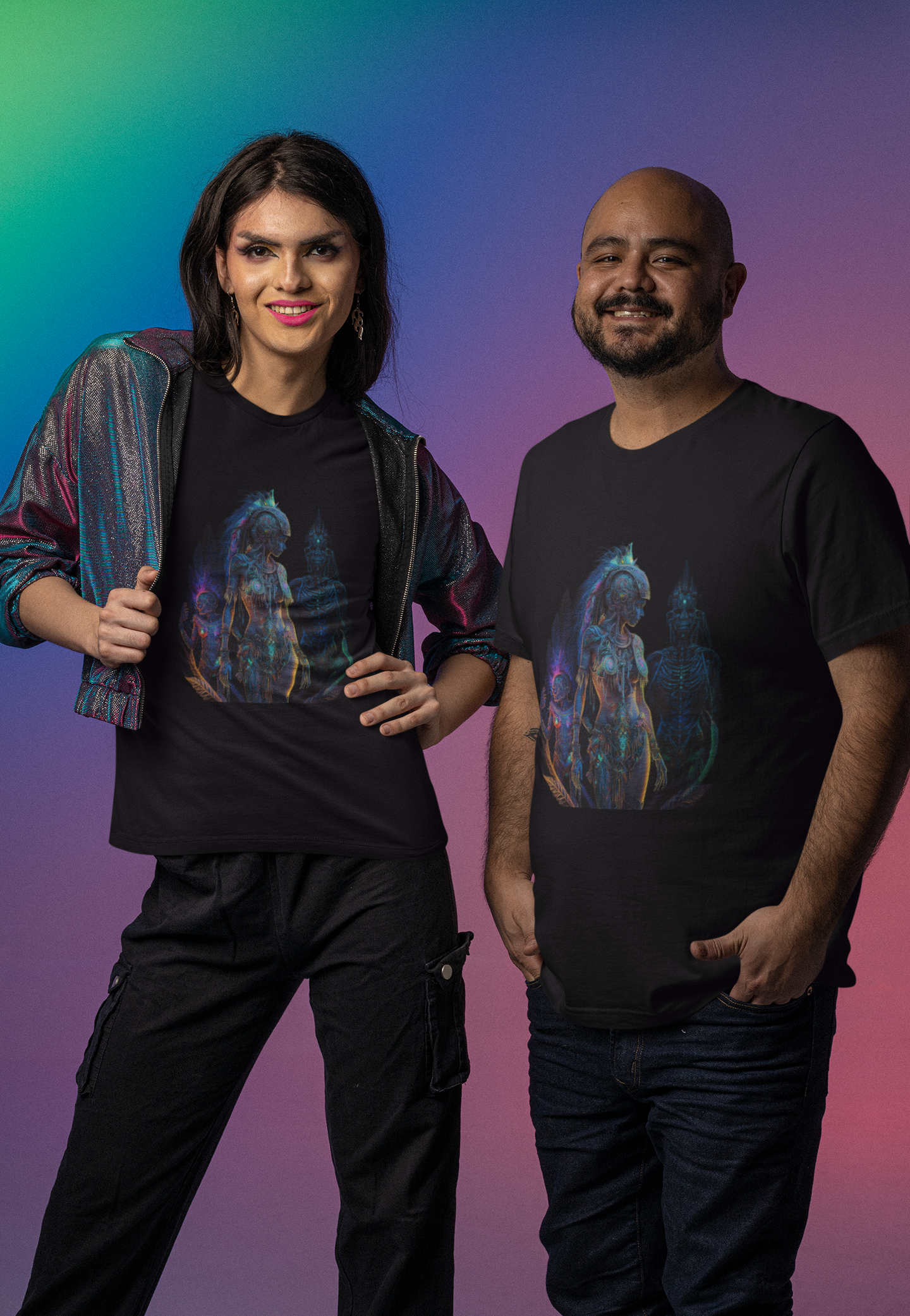 black colour t-shirts which has a design of a surreal and intricate depiction of an amazon warrior princess worn by a female and male posing happily against a colourful background