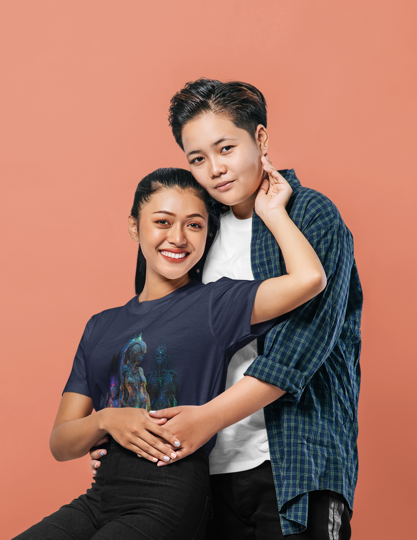 navy colour t-shirt which has a design of a surreal and intricate depiction of an amazon warrior princess of a happy lgbt couple hugging at a studio