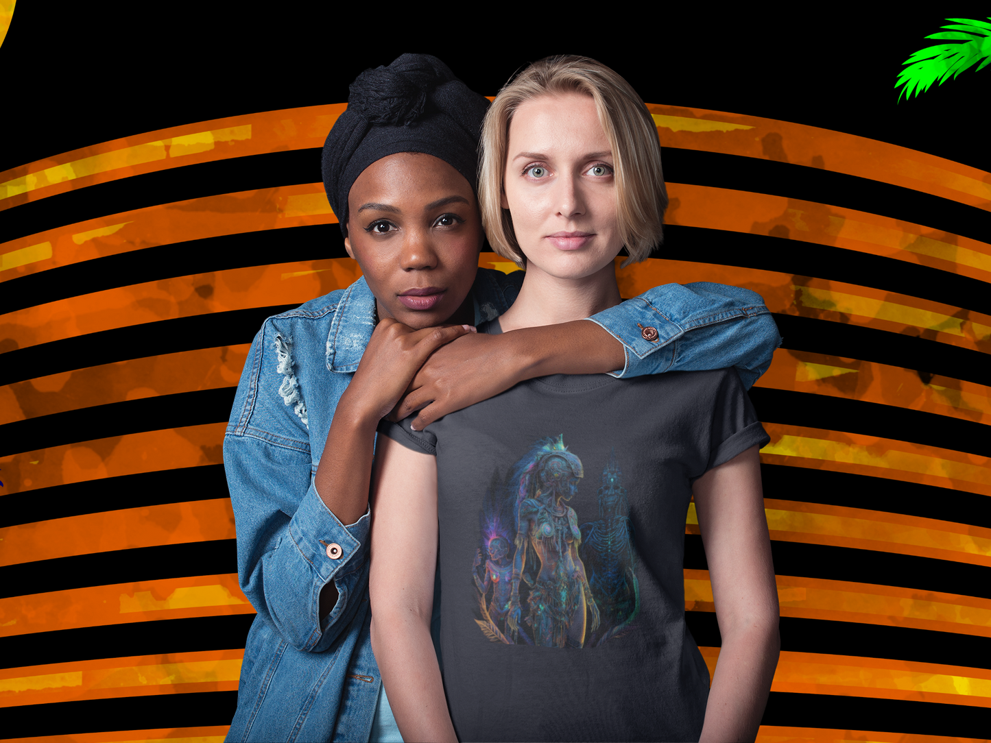 transparent lgbt mockup of a woman wearing a dark grey colour t-shirt which has a design of a surreal and intricate depiction of an amazon warrior princess posing with her girlfriend