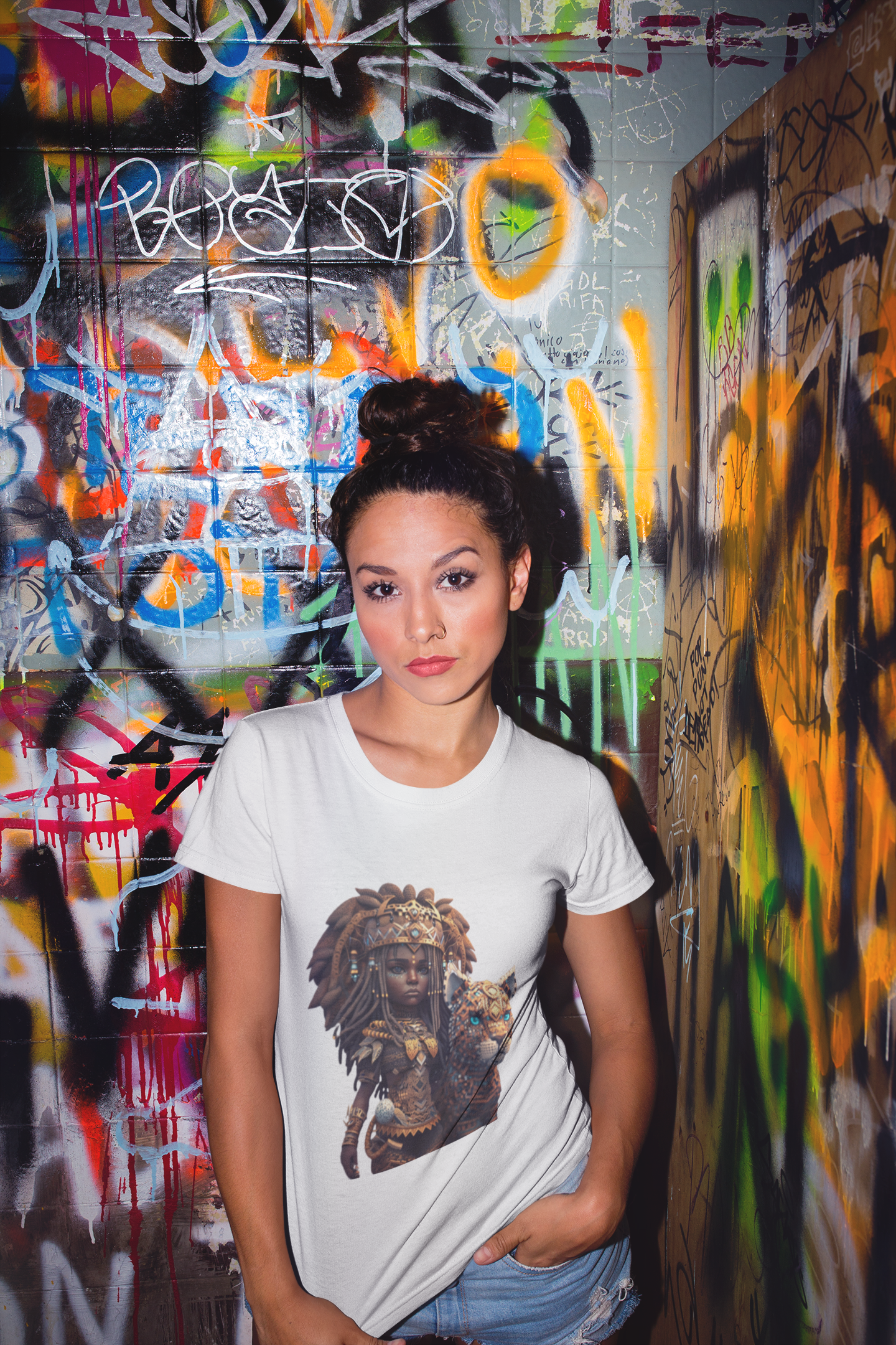 white colour t-shirt which has a design of a pop anime African princess with her leopard pet worn by a girl in a bathroom with graffiti