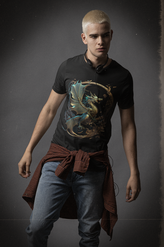 bella canvas black colour t-shirt which has a design of a golden metallic dragon on a round metal frame worn by a man with dyed hair wearing a grunge outfit