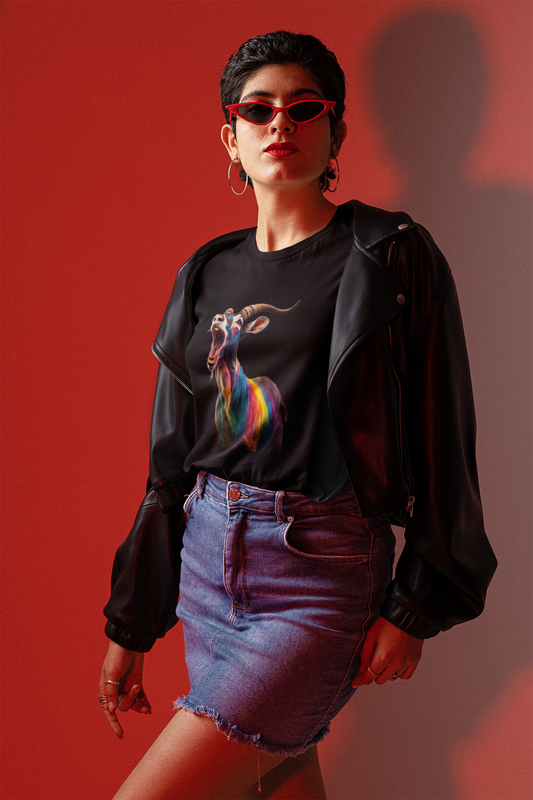 black colour t-shirt which has a design of a multi coloured goat worn by a woman wearing a leather jacket and sunglasses