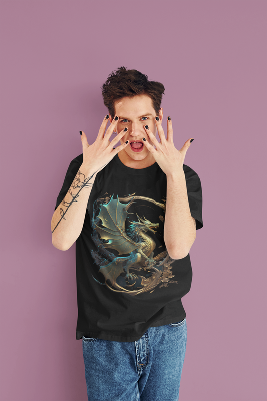 black colour t-shirt which has a design of a golden metallic dragon on a round metal frame worn by a man with an arm tattoo and dark nail polish