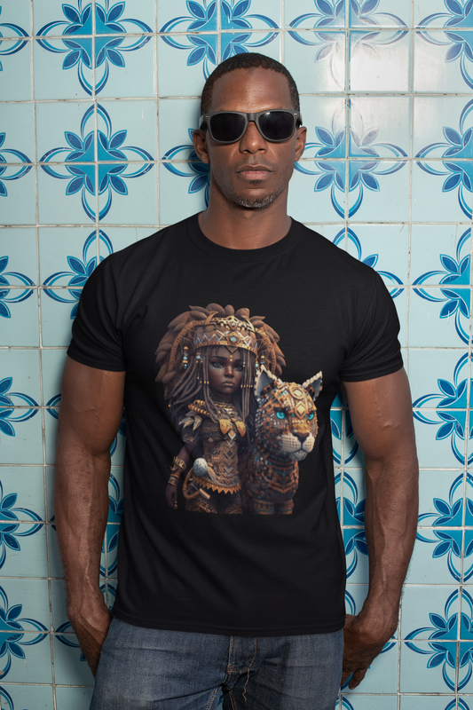 black colour t-shirt which has a design of a pop anime African princess with her leopard pet worn by a man with sunglasses against a blue tiling